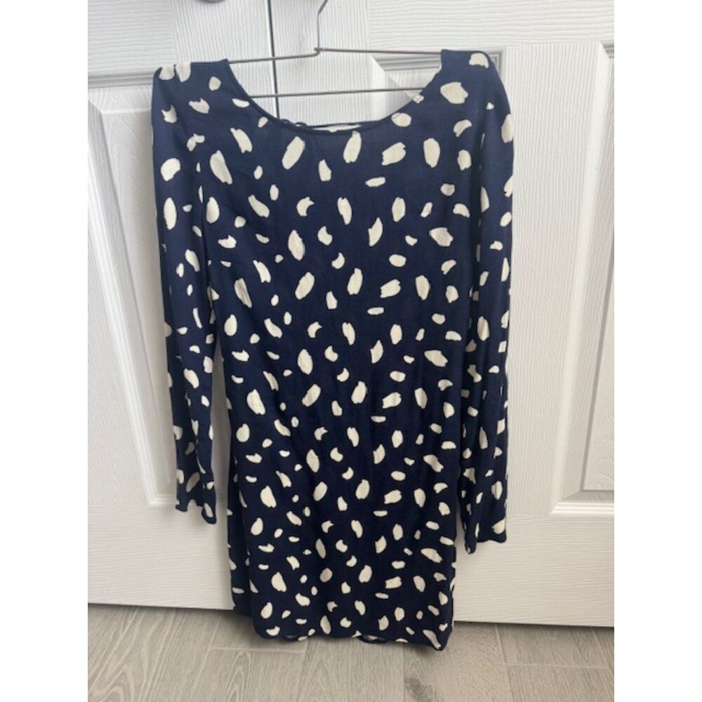 Reformation Cady Dress in Navy and white splatter, Medium.